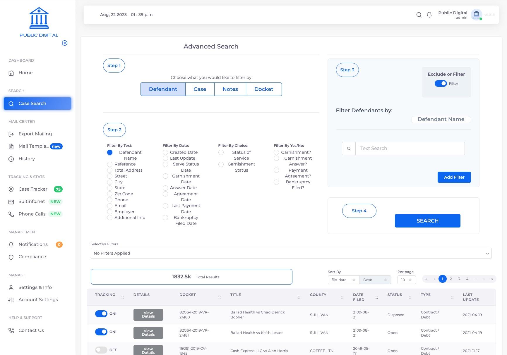 A screenshot of Public Digital's case search feature.